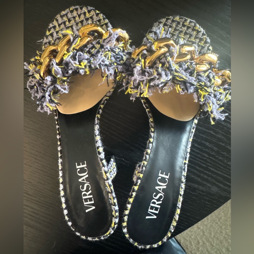 Versace Women's Tweed Fringe Slides Mules - Orchid, Lilac, and Gold- Size 38.5